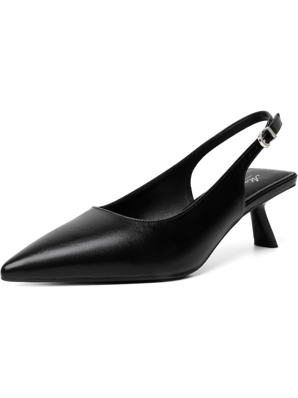 Women's Black Faux Leather Pointed Toe Low Heel Slingback with Buckle Heel Pumps